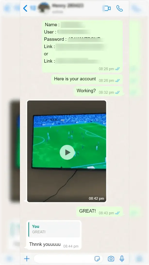 WhatsApp conversation between a subscriber and Lynx IPTV support — screenshot 1 of 9